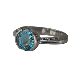 14K White Gold Aquamarine Bezel Ring Vintage 1999 Minimalist Fine Jewelry size 8